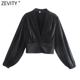 Women V Neck Black White Color Short Smock Blouse Female Lantern Sleeve Slim Court Shirts Chic Pearl Buttons Tops