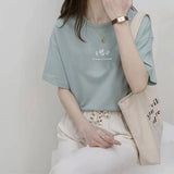 Fongt Sleeve Korean Round Collar T-Shirt Female 2024 Summer Loose Plant Print Casual Solid Color Student Half Sleeve Top