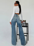 Fongt New Cool Trend Splicing Jeans Women High Waist Thin Classic Design Straight Broad Legs