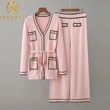 Early Autumn Long-Sleeve Knit Suit Lace-Up Waist Mid-Length V-Neck Cardigan + Wide-Leg Pants Two-Piece