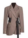 Fongt Jacket Female 2024 Autumn Dress New Fashion Temperament Side Belt Waist Advanced Sense Splicing Long-Sleeved Suit-Outfit