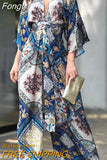 Women Fashion Pattern Print Jumpsuit Elegant V Neck Lace-up Bandage Rompers Ladies Summer Casual Half Sleeve Wide Leg