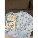 Preppy V-neck Quilted Parkas Cute Bear Full Printed Cartoon Sky Blue Warm Winter Jackets Female Students Kawaii
