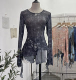 Irregular Tie With Lotus Leaf Side Tie Print Mesh Yarn Perspective Sunscreen Shirt T-Shirt T-Shirt Short T-Shirt
