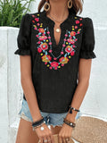 Fongt Flower Embroidered Lotus Leaf-Side Shirt Women V-Necked Coated Women