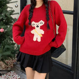 Fongt Shot 2024 Winter New Sweet Age Reduction Leisure Cartoon Embroidery Round Collar Inserted Shoulder Sleeve Sleeve Sweater Women-Outfit