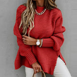 Fongt Autumn And Winter Half-High Collar Loose Solid Color Long-Sleeved Thick Needle Side Fork Knitting Sweater Woman