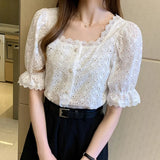2021 Shirt Korean Style Wild Lace Shirt Women Square Collar Short Sleeve Hollow Out Vintage Elegant Blouse Blusas