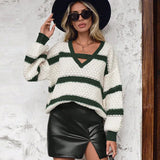 Fongt And Winter New Sweater Woman Loose Knitting Colliding Color V Collar Lantern Sleeves