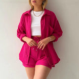 Fongt Women's Wrinkle Collar Long-Sleeved Shirt High-Waisted Rope Shorts Fashion Casual Two-Piece Set