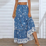 Beach Skirts Women High Waist Lace Ruffles Long Skirt Big Hem Floral Printing Casual Holiday Clothing