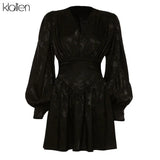 Fashion Black Chiffon Printing Elegant Loose Mini Dress New Women Lantern Full Sleeve Pleated Slim Party Night