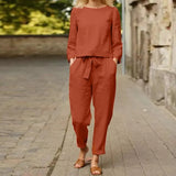 Women Long Sleeve Sets 2PC Autumn Suits Solid Casual Long Cotton Pants O Neck Blouse Loose Harem Trousers Oversize