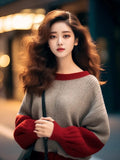 Fongt And Winter New Hong Kong Style Chic Top Female Design Color Collar Knitted Shirt Age Reduction Lantern Sleeve Long-Sleeved Sweater