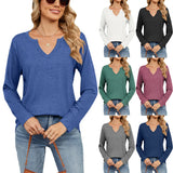 New V-Collar Color Cotton Pure Color Long-Sleeved Loose T-Shirt Jacket Women-Outfit