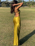 Sexy Y2K Clothes Satin Sleeveless Lace Up Backless Bodycon Maxi Dresses For Women Club Birthday Party Elegant