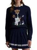 Fongt New Women's Bear Embroidered Retro Body Sweater College Style Knitted Shirt Top