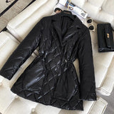 2022 New Winter Ultra Light Duck Down Jacket Women Long Sleeve Suit Collar Casual Pockets Drawstring Shiny Puffer