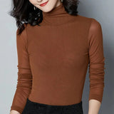 Solid Mesh T-Shirts Tees Female Full Sleeve Turtleneck Slim Tshirt Base Simple Tops For Women Spring Fall-Outfit