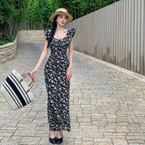 Fongt Black Dress Female Spring And Summer Long Flounce Skirt-Outfit