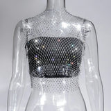 Fongt Nightclub Dresses Fishnet Hollow Out Rhinestone Vest Mesh Flash Diamond Sling Top