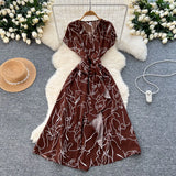 Fongt Summer New Small High-End Sense V-Neck Short-Sleeved Waist Irregular Open-Fork Print Dress Women's Long Dress