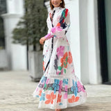 Women Elegant Lantern Long Sleeve Party Dress Summer Fashion Stand Neck Single Breasted Button Long Dress New Sexy Commute