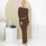 Autumn Solid Round Collar Long Sleeves Half-Length Skirt Slim Suit 2023 Casual Women Two-Piece Set-Outfit
