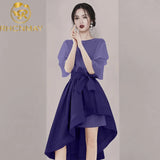Designer 2022 New Fashion Women 2 Piece Set Summer Puff Sleeve Long Purple T Shirt Tops + Bow Irregular A Line Skirt