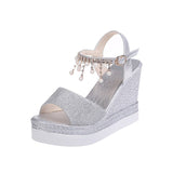 New Women Wedge Sandals Summer Bead Studded Detail Platform Sandals Buckle Strap Peep Toe Thick Bottom Casual Shoes