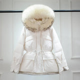Huge Real Raccoon Fur Hooded Waterproof Winter Duck Down Jacket Women Fashion Female Parkas Sash Tie Up Puffer