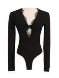 Fongt Wind Top Woman 2025 Spring New Kinesitic Lace Splicing Design V Collar Long