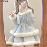Style Elegant Tweed Plaid Dress Sets Women Plush Patchwork Short Woolen Jackets Sexy Bow Mini Skirt Japanese Fashion Suit-Outfit