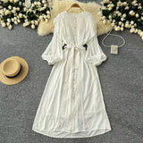 Fongt And Autumn New French Retro Hollow Hook Lace Spliced Lantern Sleeve Dress Strapped Waist Temperament Dress