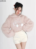 Kawaii Hoodies Womencute Pink Cat Embroideery Plush Cropped Ears Hoodie Korean Style Sweatshirt Y2k Short Pullover Tops-Outfit