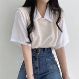 Fongt Summer Polo Lapel Fake Two College Wind Contrast Color Short-Sleeved T-Shirt Women's Loose Casual Versatile Top
