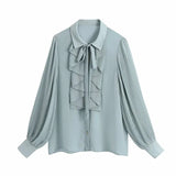 Cascading Ruffle Chiffon Shirt Casual Femme Pressed Pleat Lantern Sleeve Blouse Lady Loose Tops Blusas