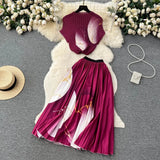 Blooming Printed Skirt Suit Women's New Thread Temperament Half-high Collar Top + Pleated Skirt Two-piece Set-Outfit