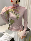 Autumn Fashion Bronzing T-shirt Women Located Printing Big Flowers Slim TShirts Female High Stretch Top HF8730-Outfit