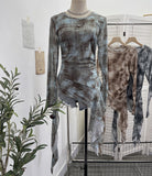 Fongt Print Double-Layer Mesh Long-Sleeved Top Design Feel Irregular Ribbon-Up T-Shirt 99981