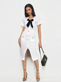 Fongt Small Fragrant Temperament V-Neck Bow Bow With Beads Button Opening Knitted Dress