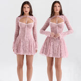 Fongt 2024 New Fashion Sexy Lace Pink Vest Horn Sleeve Halter Skirt Suit