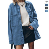 Fongt Women's Retro Long-Sleeved Denim Jacket Blue Big Pocket Casual Shirt Lady