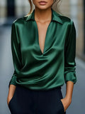 Fongt Autumn Temperament Simple V-Neck Shirt Long-Sleeved Shirt Woman