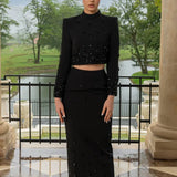 High-End Temperament Suit 2025 New Nail Beads Design Top High-Waisted Hip Skirt