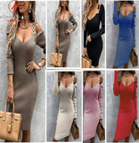 Women Solid Color Pencil Dress Off Shoulder Sling V-Neck Long Sleeve Mid Waist Spring Autumn Slim Pullovers