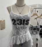Fongt Shooting Lace Sling Vest Irregular Ribbon Hot Wear Print Short-Sleeved Top 1193
