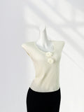 Fongt Crocheted Stereo Rose Sleeveless Sweater Summer Thin Big Round Collar Small Flying Sleeve Jacket Female French-Outfit