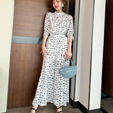 Fashion Women Polka Dot Trousers Suit Summer Chiffon O Neck Ruffles Shirt + Holiday Ladies Pleated Wide-Leg Length Pants