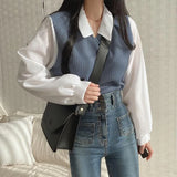 Polo Collar Patchwork Long Sleeve Blouse-Outfit